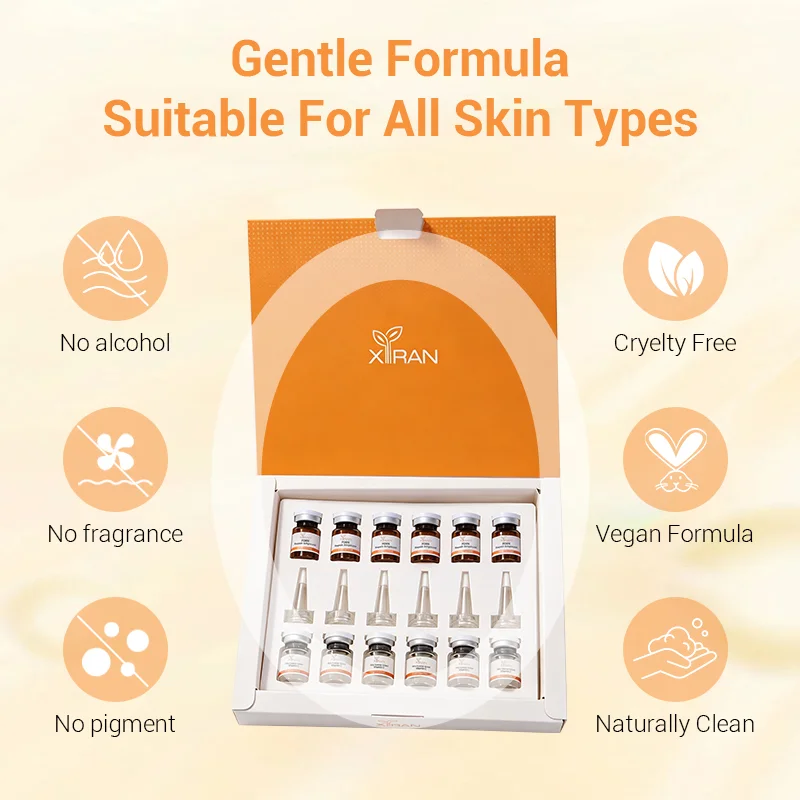 An open skincare box labeled XIRAN with vials showcasing a gentle formula suitable for all skin types; features include cruelty free, vegan, no alcohol, fragrance, or pigment.